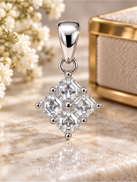 Jewelry - 1/2 CTW Asscher Cut Moissanite Cluster Solid 925 Sterling Silver Pendant/Charm